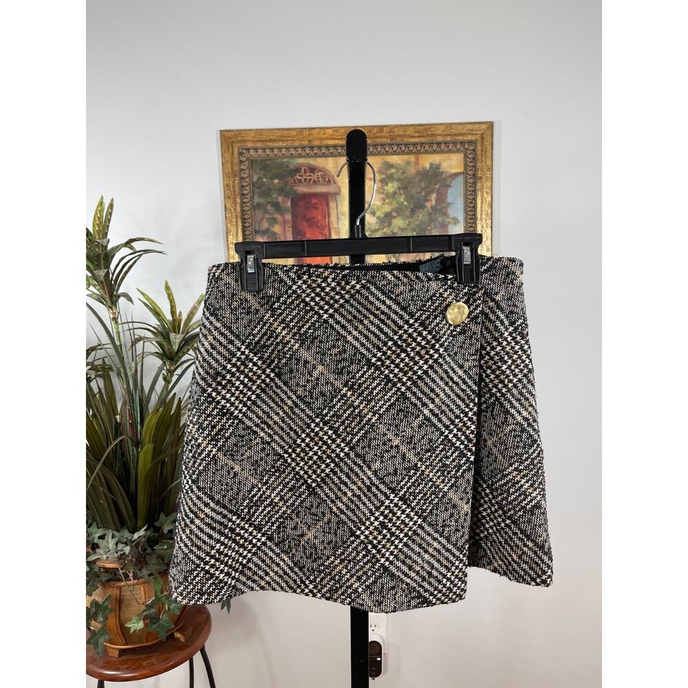 H&M Wrap Skirt Women's Size 12 Black White Tweed Plaid Old Money Dark Academia